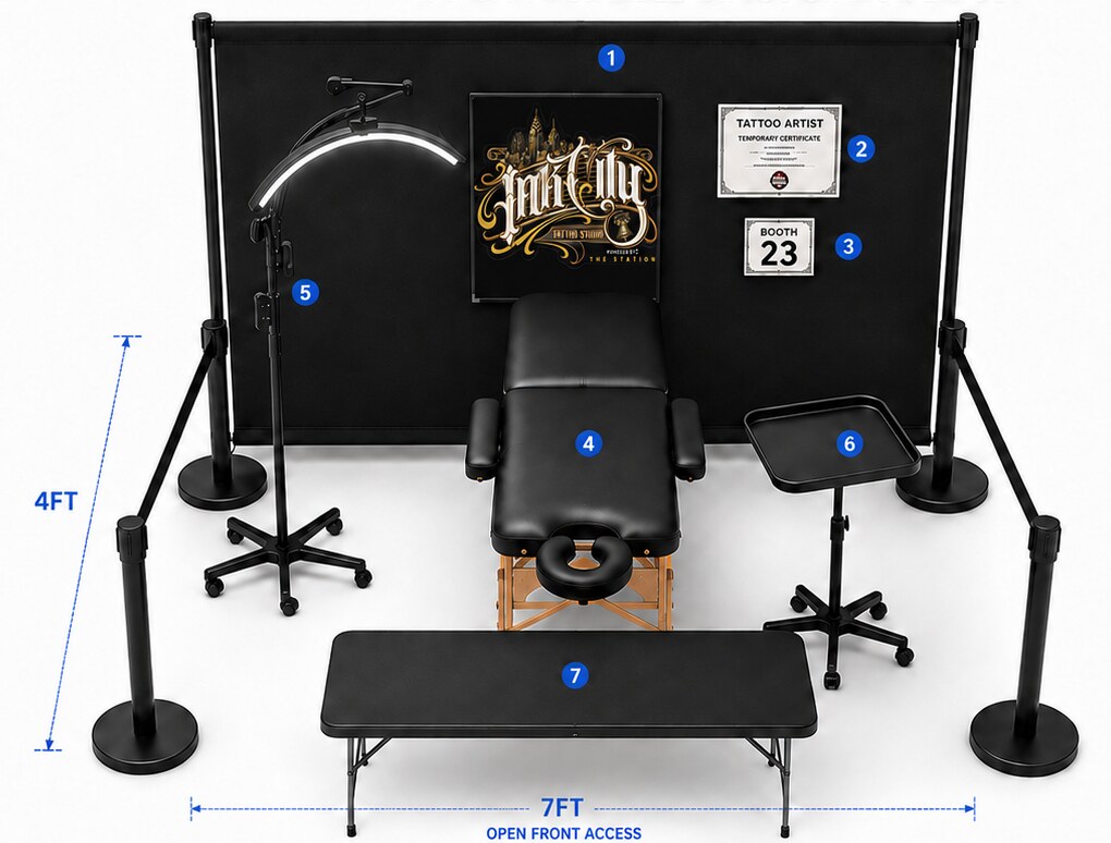 The booth set up: back wall divider, certificate, booth number, tattoo bed, arc light, tray and front table