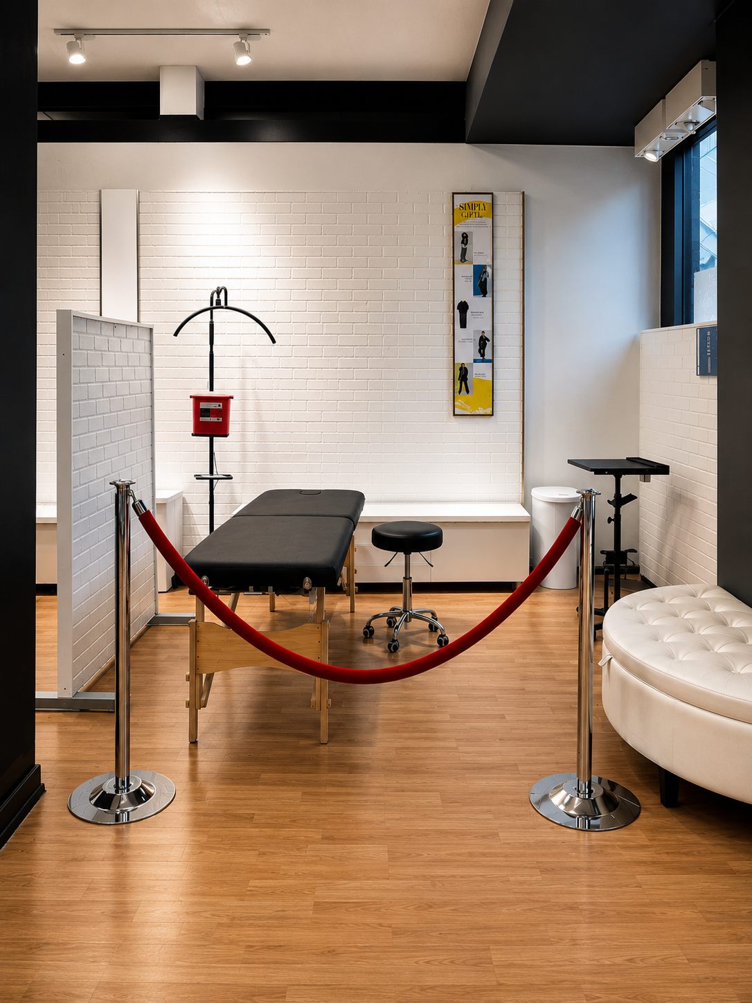 Station 1 — white-brick wall setup with velvet-rope entry